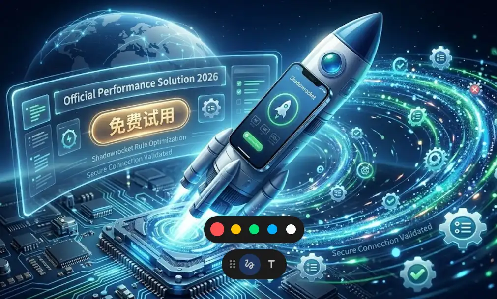 Shadowrocket 2026 官方使用全攻略特色图。画面展示极具科技感的 iPhone 与火箭升空视觉，并显著标注“免费试用”按钮