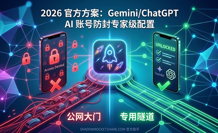 2026 官方方案：Gemini/ChatGPT AI 账号防封专家级配置特色图。画面展示 stylized 的公网拥堵（红路径、红X、报错）与专用隧道（绿路径、绿√、解锁）对比示意图，指引用户如何通过 Shadowrocket 的专用私有传输通道和住宅 ISP 原生 IP 配置彻底规避封号和 1020 报错。