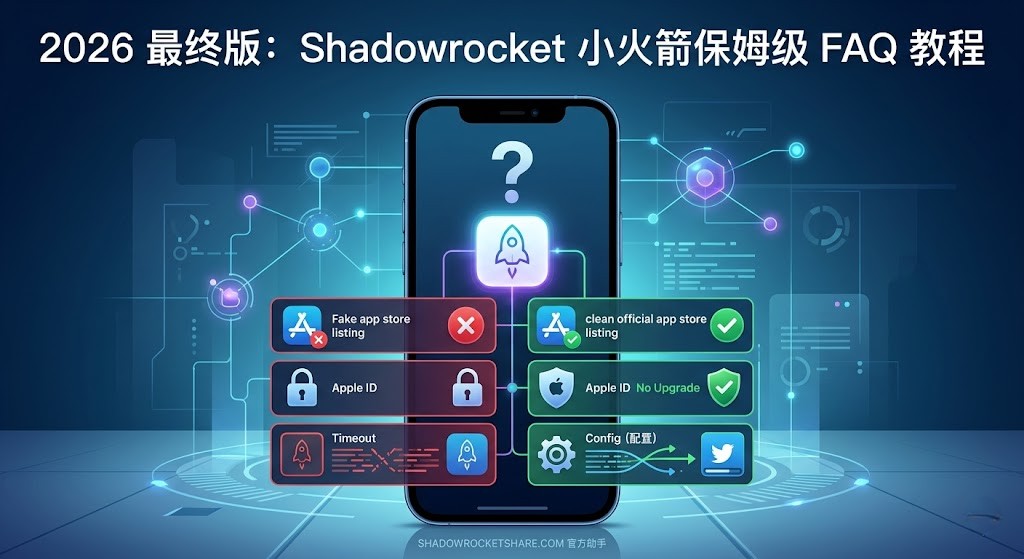 2026 最终版：Shadowrocket 小火箭保姆级 FAQ 教程出色图。画面展示 stylized 的美区 App Store 山寨与正版对比、账号锁安全绕过指引、以及小火箭软件内核心“配置 (Config)”模式分流逻辑，精准拦截搜“小火箭怎么设置”的流量。