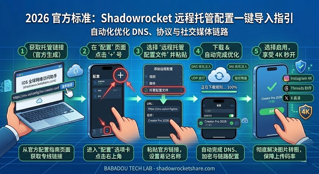 【2026 官方标准：Shadowrocket 远程托管配置一键导入指引】特色图。画面由一道厚重的金属与岩石强化墙（标牌‘物理防线 (物理隔离)’）分为左右两部分。左侧是‘嘈杂环境（嘈杂环境）’手机，被红光包围，堆满‘国家反诈中心’、‘360手机卫士’、‘腾讯手机管家’、‘百度输入法’、‘微信’图标，并有文本‘底层监控’、‘全天候监控’。右侧是‘纯净沙盒（纯净沙盒）’手机，被蓝光透明穹顶保护，仅有‘自如加速器 (Ziru.us)’、‘Shadowrocket’、‘4K 秒开’图标，文本‘物理隔离保护’、‘绝对安全访问’。画面清晰，体现巴巴豆实验室专业指引。