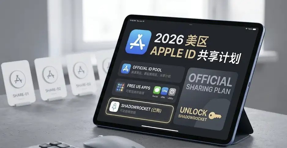 2026年美区Apple ID共享计划：官方免费分享已购Shadowrocket(小火箭)的美区账号