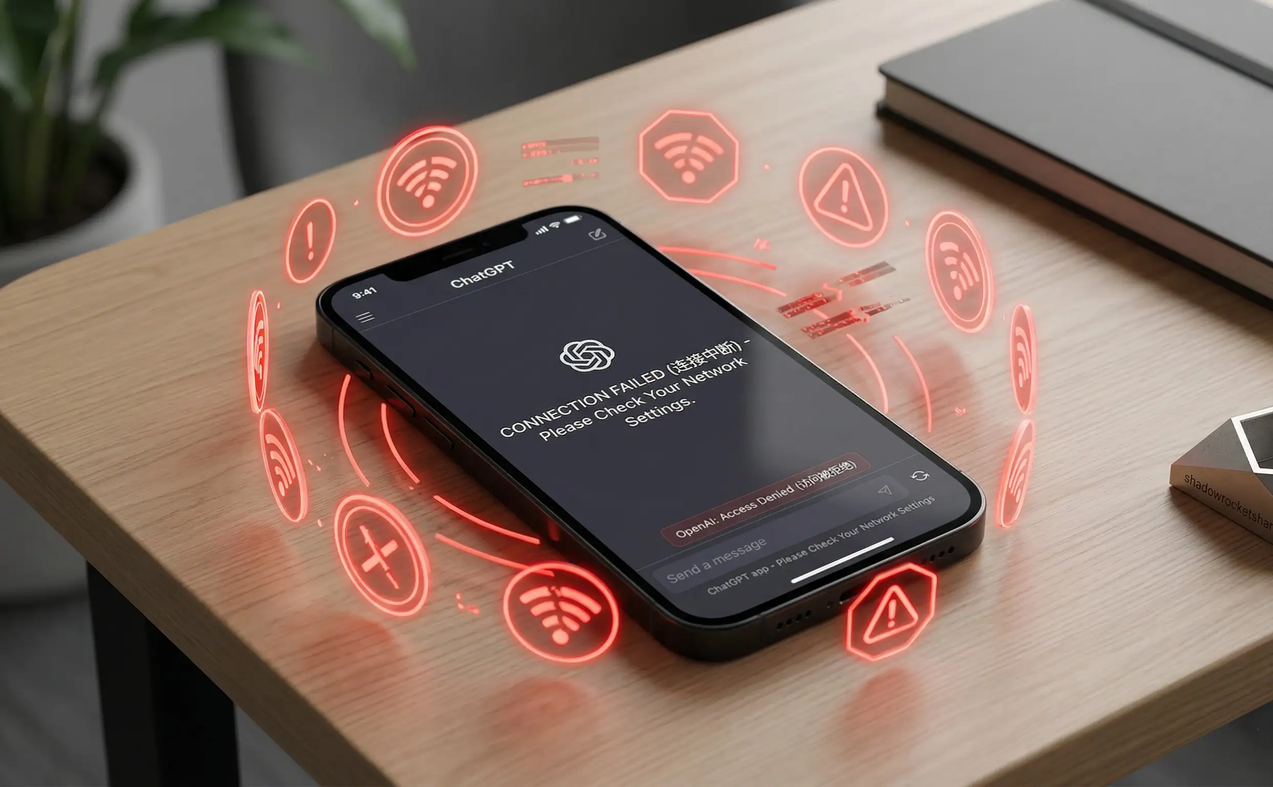 iPhone 屏幕显示 ChatGPT 连接失败，周围环绕发光的红色警告标志。