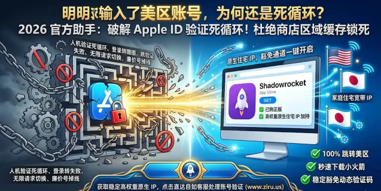 iOS App Store 登录 Apple ID 提示账户未在此商店并请求切换区域的报错界面特色图。图中对比展示通过自如加速器连接高权重美国原生住宅 IP 线路，配合保姆级教程手把手教你解除商店缓存锁死、解锁动态验证码以顺利下载正版 Shadowrocket 的官方操作界面。