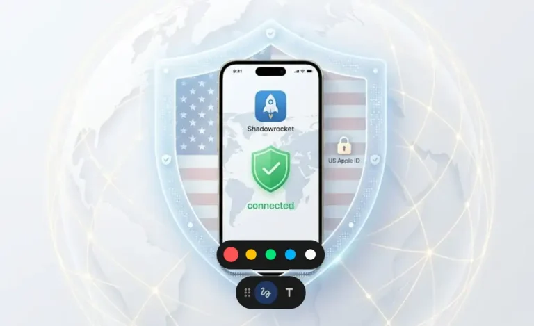 iOS 全球网络访问官方安全指南插图。展示受安全盾牌保护的 iPhone，屏幕显示已安全连接的 Shadowrocket 界面，并标注 2026 官方安全认证字样。