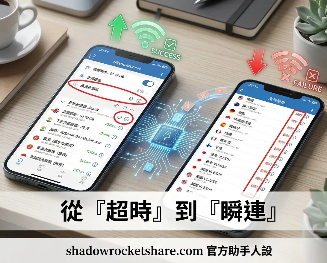 Shadowrocket 显示绿色低延迟但网页打不开的对比图，中间带红色大叉，用于提示用户检查配置或同步订阅。