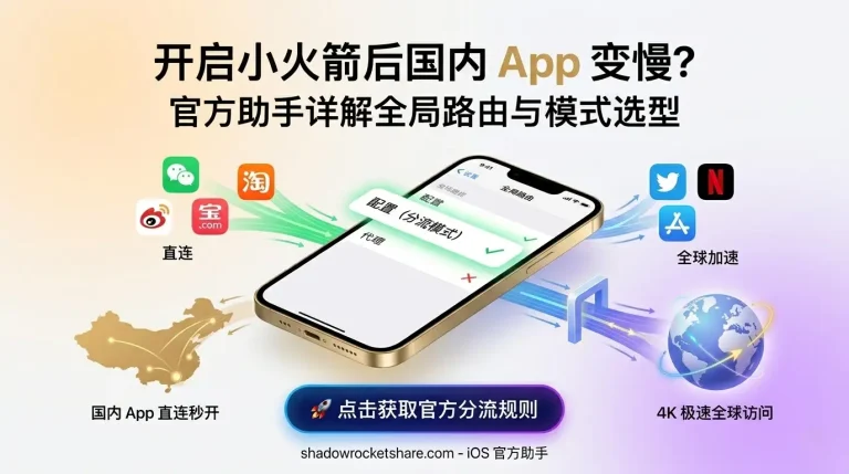 特色图详解 Shadowrocket 全局路由：展示“配置模式”如何实现国内 App 直连秒开与全球业务 4K 极速访问的自动分流逻辑。