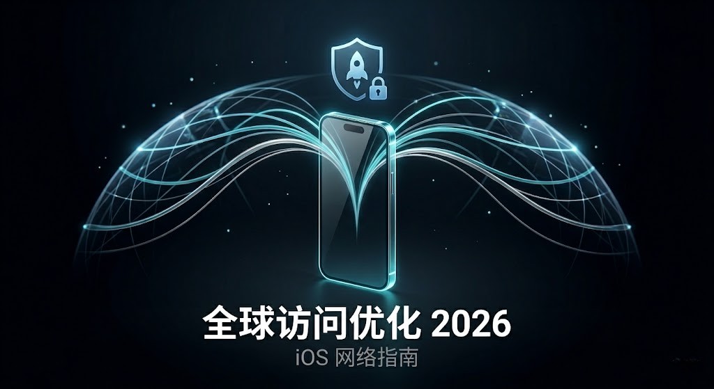 2026年iOS全球网络访问优化官方指南特色图：图中展示一台发光的智能手机与安全防护盾牌图标，背景为抽象的全球连接网络。图片下方带有“全球访问优化 2026”与“iOS 网络指南”中文字样，旨在为Shadowrocket用户提供专业的网络连接与配置优化方案。