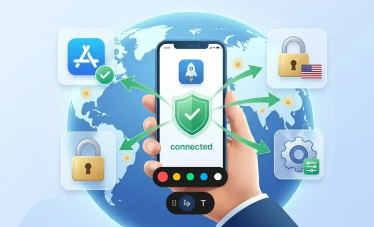 iOS全球网络访问官方助手插图。显示一部连接成功的智能手机，周围环绕着官方App Store下载、安全美国Apple ID账号以及全球网络配置优化等核心功能图标。