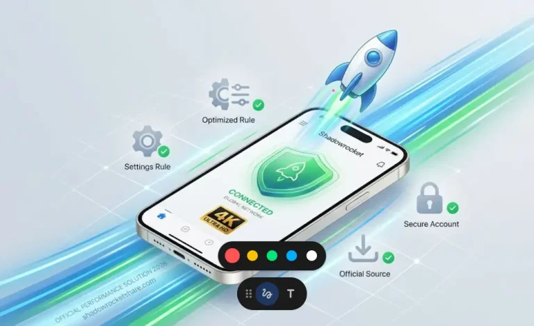 OS 全球网络访问官方优化指南插图。展示一部处于高性能运行模式下的 iPhone，屏幕清晰显示 4K 超清加速连接状态，周围环绕着象征极致速度的流光能量带与官方优化配置图标