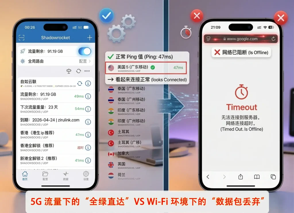 Shadowrocket Wi-Fi 5G连接对比图