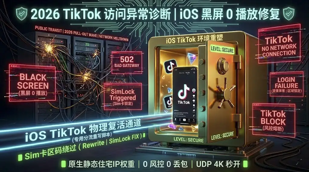 2026 TikTok 访问异常诊断特色图。展示了如何通过 Shadowrocket 配合专用分流重写脚本（Rewrite）和 SimLock 绕过技术，解决 iOS 端的 TikTok 黑屏、0 播放、登录异常及风控熔断问题。强调原生静态住宅 IP 权重、UDP 4K 秒开及 0 丢包的物理级复活通道，是跨境电商账号资产保护的核心方案。