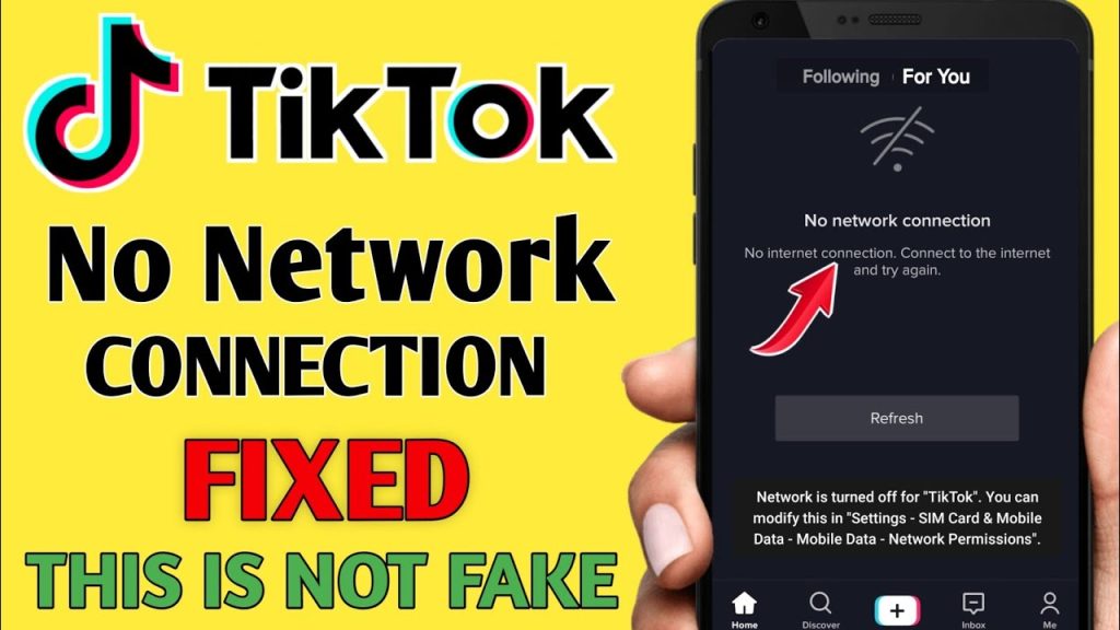 展示了 iOS 手机上 TikTok 应用显示“No network connection”的典型黑屏风控界面。这是 TikTok 检测到 SIM 卡区域代码或 IP 环境异常时的熔断表现，小白用户急需通过 Shadowrocket 加载官方高性能 Rewrite 脚本和分流规则来绕过检测，实现免拔卡访问。