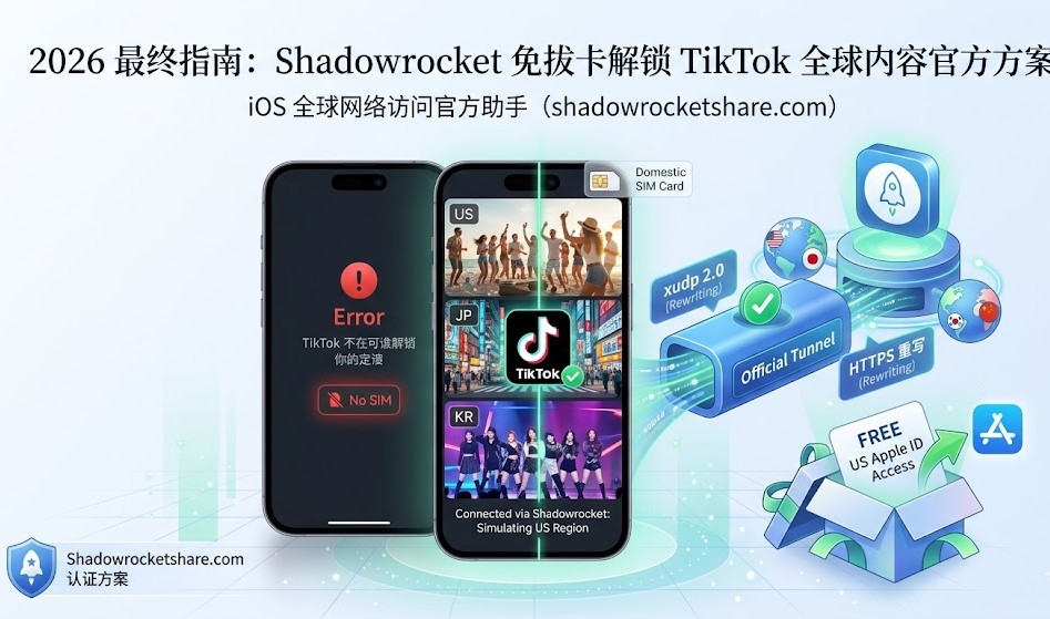 【2026 最终指南：TikTok 免拔卡解锁】特色图。画面展示 stylized 的数字地球，被红色 AI 防火墙（GFW、深度检测）封锁。左侧是破碎的廉价机场和公网中转图标（如 SS/SSR），显示“机场跑路潮”和“连接失败”；右侧是绿色的“地下专用隧道”和“VLESS Reality”协议绕过封锁，连接到自如加速器（Ziru Accelerator）节点。展示 Shadowrocket（小火箭）和 v2rayN 客户端界面显示“Connected: Safe Access”和“4K Smooth”。底部展示一个礼盒内含“FREE US Apple ID”卡片，指向 App Store 图标和“Get Shadowrocket”按钮。文字醒目清晰，体现巴巴豆实验室专业指引。