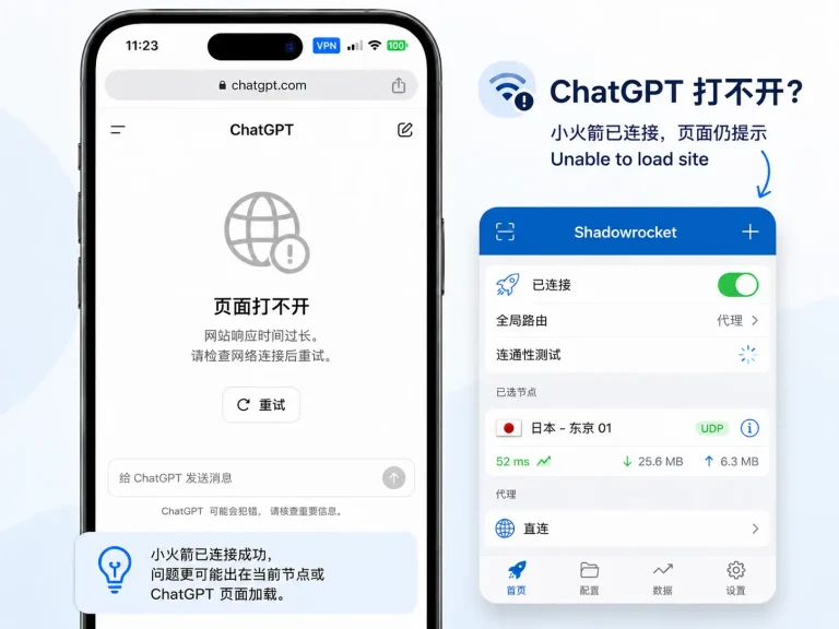 ChatGPT 打不开怎么办，Shadowrocket 小火箭连接成功但提示 Unable to load site