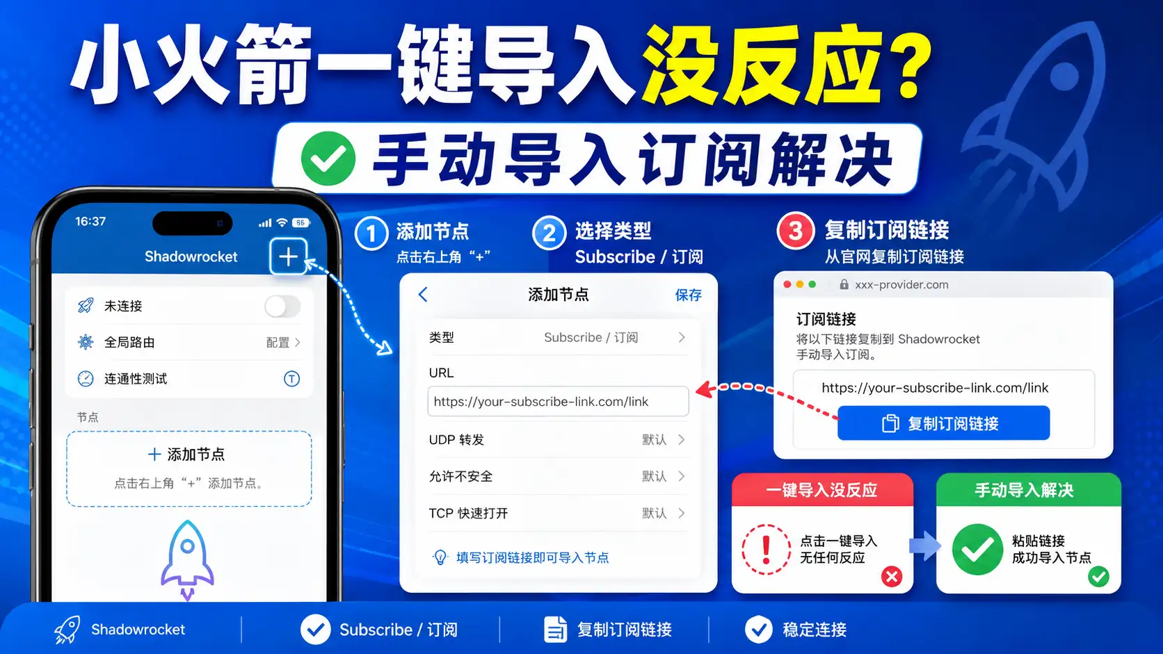 小火箭一键导入订阅没反应怎么办，Shadowrocket 订阅链接打不开、手动添加 Subscribe 订阅地址教程