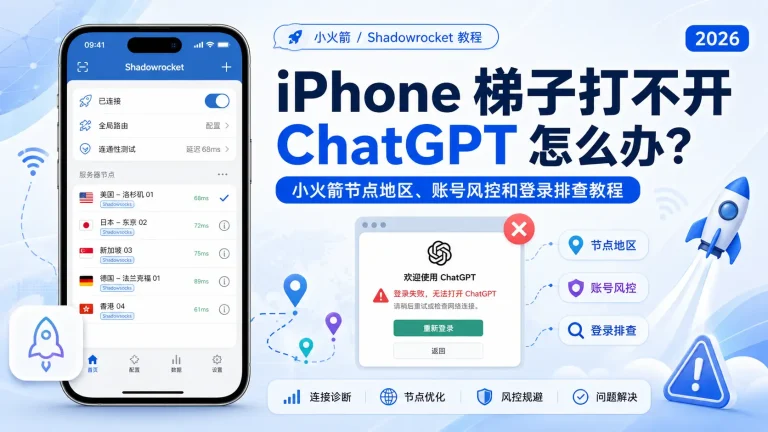iPhone 梯子打不开 ChatGPT 排查教程，展示 Shadowrocket 小火箭节点地区、账号风控、登录失败和连接诊断方法