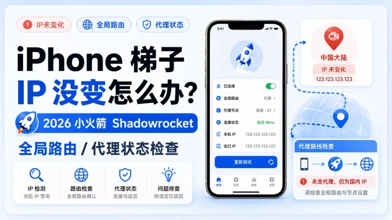 iPhone 梯子 IP 没变排查教程，展示 Shadowrocket 小火箭全局路由、代理状态、本机 IP 和出口 IP 检查方法