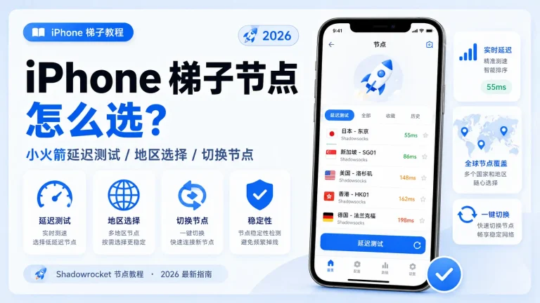 iPhone 梯子节点选择教程，展示 Shadowrocket 小火箭延迟测试、地区选择、切换节点和稳定性检查方法