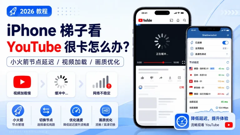 iPhone 梯子看 YouTube 很卡排查教程，展示 Shadowrocket 小火箭节点延迟、视频加载慢、画质优化和网络稳定性检查方法