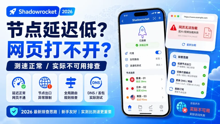 Shadowrocket 节点延迟很低但网页打不开，测速正常实际不可用及节点出口、全局路由和 DNS 排查教程