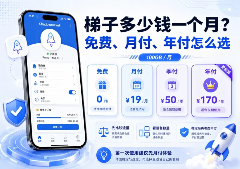 梯子多少钱一个月及免费、月付、季付和年付套餐选择指南