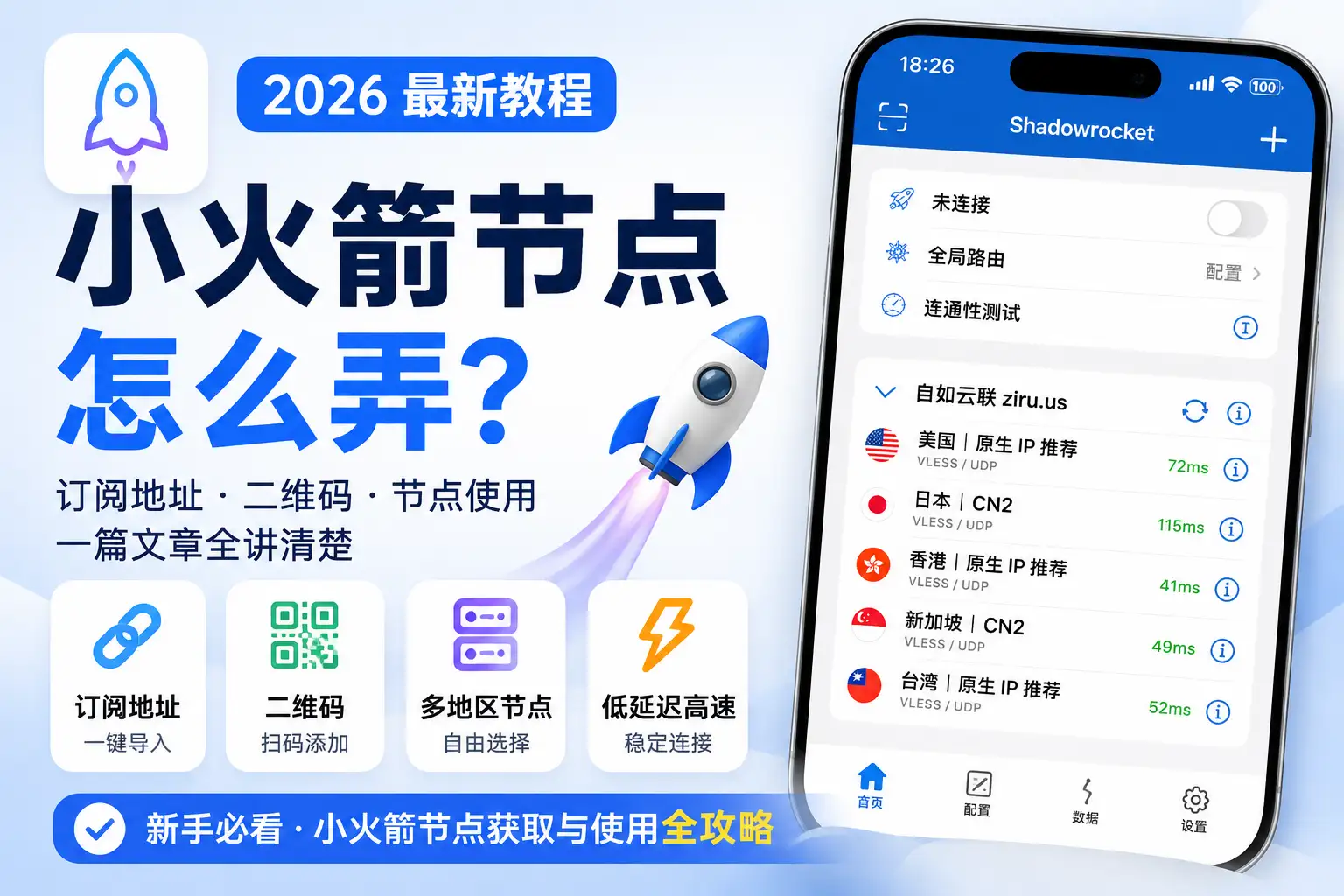 小火箭节点怎么弄2026教程，介绍Shadowrocket订阅地址、二维码导入、多地区节点与延迟测试