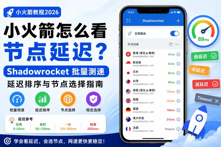 小火箭怎么看节点延迟2026教程，介绍Shadowrocket批量测速、延迟排序、Timeout判断与节点选择方法
