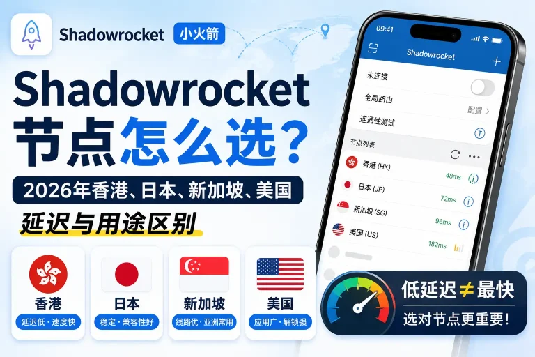 Shadowrocket节点怎么选，2026年香港、日本、新加坡、美国节点延迟与用途区别指南
