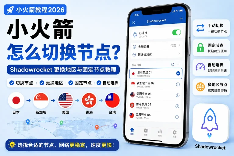 小火箭怎么切换节点2026教程，介绍Shadowrocket更换日本、新加坡、美国节点、固定节点与自动选择方法